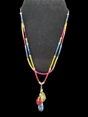 Multicolor Beaded Necklace with Red, Yellow & Blue Crystal Drops